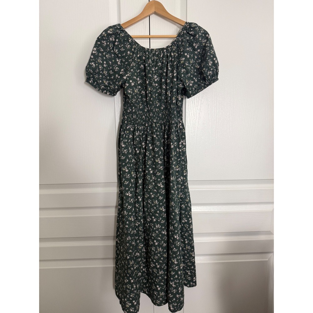 Uniqlo Size S Green Floral Volume Sleeve Midi Dress 100% Cotton Pockets - Picture 3 of 10